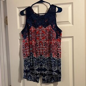 Red and Blue Sleeveless Patterned Top